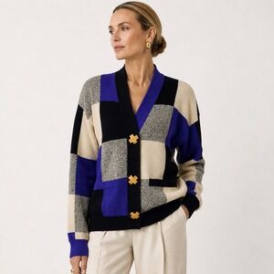 Vintage 90s Antonella Preve‎ Cardigan Sweater L Blue Black Colorblock Designer